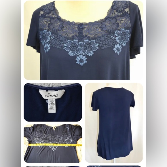Soma Navy Blue Embroidered Stretch Soft, Pullover Blouse Top, tunic styl… - Picture 2 of 3